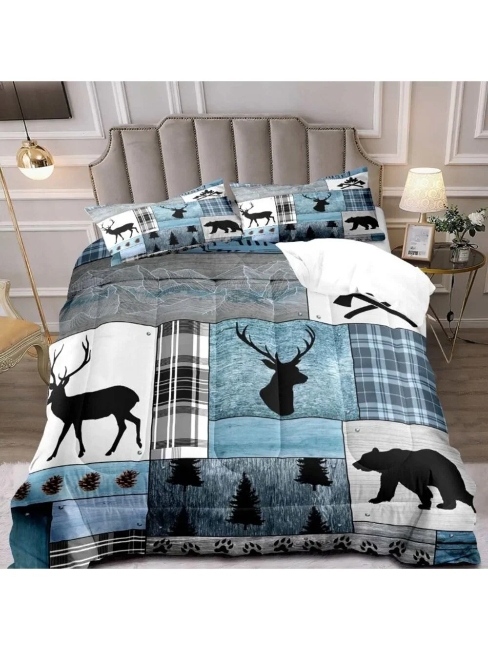 3PC Rustic Cabin Queen Comforter Set, Farmhouse Bedding, Wildlife Patchwork
